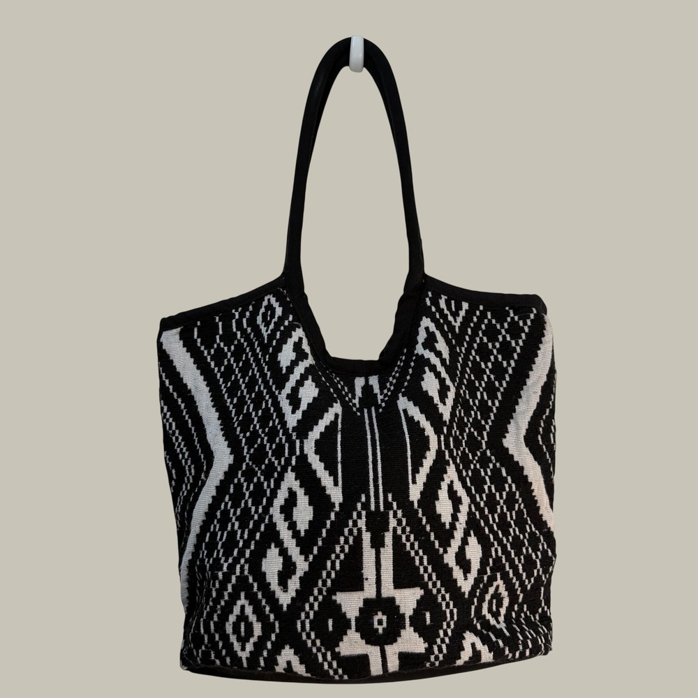 Woven Tribal Geometric Tote Bag Black White Canvas Shoulder Bag Boho Large